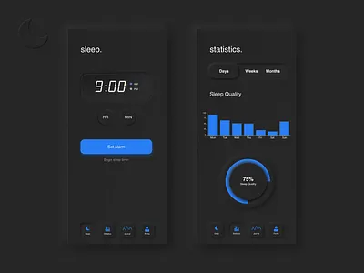 Sleep Visualizer UI w/ Analytics - Neumorphism Design analytics analytics app branding dailyui dailyui018 dailyuichallenge designer figmadesign mobile ui neomorphic neumorphism neumorphism design sleep analytics sleep app sleep tracker sleep ui sleep visualizer ui ux uxui