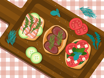 Italian Bruschettas beef bruschetta food illustration foodart illustration salmon tomato vector