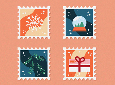 CHRISTMAS STAMPS blue christmas christmas stamp gift grain illustration letter mistletoe noise orange snowball snowflake stamp stars starship tree vector