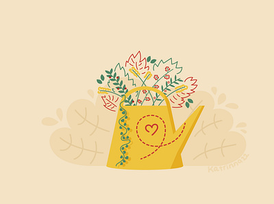 YELLOW POT bush flowers garden green illustration outline red vector watering can yellow