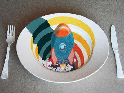 Space Plate anamorphic design eating festin fork knife painting plate rocket space space ship white