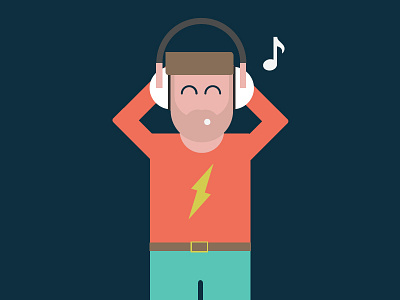 Listening music beard belt cartoon characters face flat hair headphone music note student tshirt