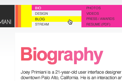 Joey Primiani 80s biography blog colour design future helvetica joey modern pink primiani