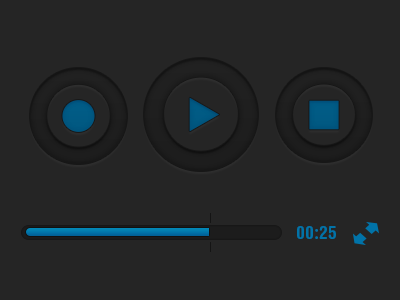 Player app audio blue buttons dark design full screen play player record scroll slider stop video web