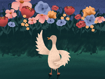 Cozy evening of Molly the duck. Night dance adobe photoshop art bird character dance digital art digital illustration drawing duck fantasy flowers green illustraion night summer