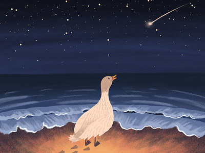 Cozy evening of Molly the duck. Under the stars adobe photoshop art bird character comet digital art digital illustration drawing duck illustration night sea sky starry night stars summer