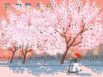 Spring street adobe photoshop art blooming city digital art digital illustration drawing garden girl illustration pink scooter shadows spring springtime street trees walking warm