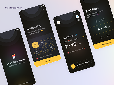 Smart Sleep Alarm 3d animation app branding dark mode design graphic design illustration logo minimal motion graphics night app sleep alarm sleep app sound sleep typography ui ui design vector