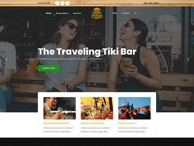 Fun Tiki Bar rental website. bar business clean minimalist simple web page