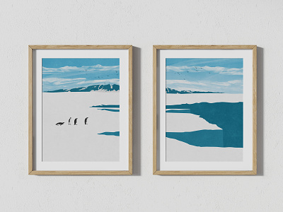Antarctica Glacier With Penguins antarctica digital art glacier ice illustration landscape nature penguins photoshop poster print