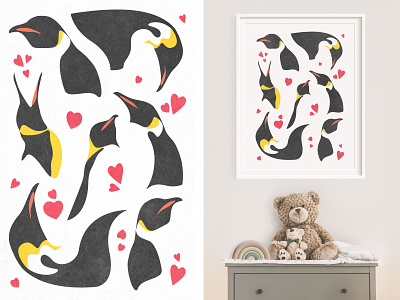 Penguins With Hearts Poster - Cute Animal Illustration