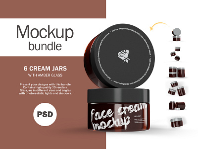 3D Amber Glass Jars - 6 PSD Mockups Bundle 3d render amber beauty blender 3d bundle cosmetic cream jar mockup package photoshop product psd set six skin care smart object