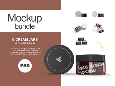 3D Amber Glass Jars - 5 PSD Mockups Bundle 3d render amber beauty blender 3d bundle cosmetic cream five jar mockup package photoshop product psd set skin care smart object