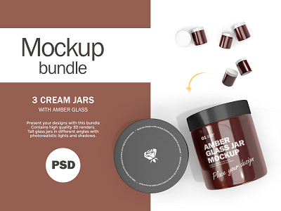 3D Amber Glass Jars - 3 PSD Mockups Bundle 3d amber beauty blender 3d bundle cosmetic cream glass jar mockup package photoshop product psd render set skin care three