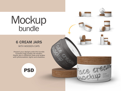 3D Wooden Caps Jars - 6 PSD Mockups Bundle