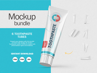 3D Plastic Toothpaste Tubes - 6 PSD Mockups Bundle 3d beauty blender 3d cosmetic mockup oral care package packaging photoshop plastic product psd smart object toothspate tube
