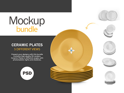 3D Ceramic Plates - 5 PSD Mockups 3d blender 3d bundle ceramic composition dish editable five food mockup object photoshop pile plate psd render set smart object template