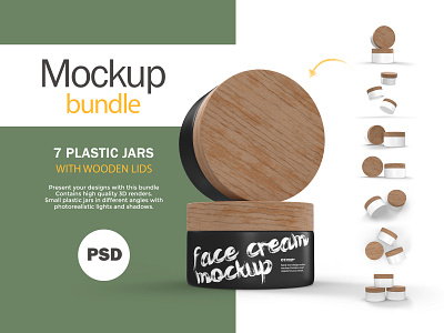 3D Plastic Jars With Wooden Lids - 7 PSD Mockups 3d bamboo beauty caps cosmetic cream jar matte mockup package photoshop plastic product psd mockup render skin care template wood wooden lids