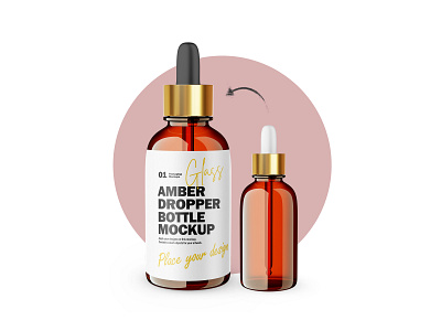 3D Amber Glass Dropper Bottle With Gold Lid - PSD Mockup 3d amber glass beauty blender 3d cosmetic dropper bottle editable glass gold lid matte mockup oil package photoshop pipette psd mockup render serum skin care template