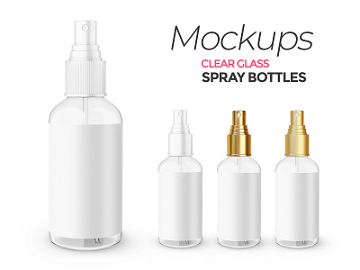 Clear Glass Spray Bottles - PSD Mockup 3d render blender 3d bottle clear glass cosmetic editable glossy gold lid matte package photoshop plastic product psd mockup ribbed serum skin care spray template