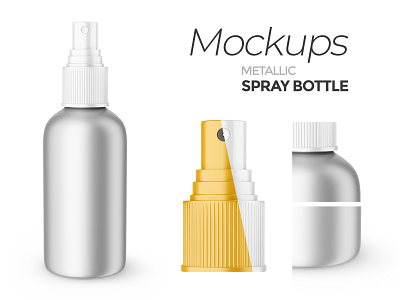 Metallic Spray Bottle - PSD Mockup 3d beauty blender 3d bottle clear cosmetic editable metallic package photoshop plastic lid product psd mockup ribbed silver skin care spray template