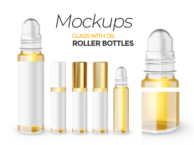 Oil In Glass Roller Bottles - PSD Mockups 3d render bottle cosmetic editable essential oil glass glossy gold matte mockup oil package perfume photoshop plastic psd mockup ribbed lid roller bottle template