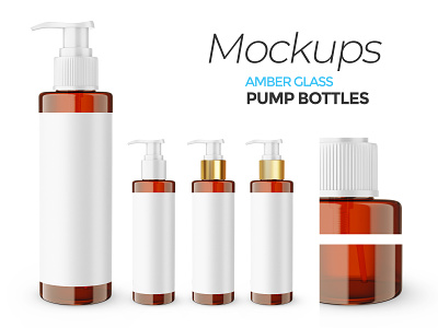 Amber Glass Pump Bottles - PSD Mockup 3d amber glass cosmetic editable gold mockup package photoshop plastic psd mockup pump bottle skin care template