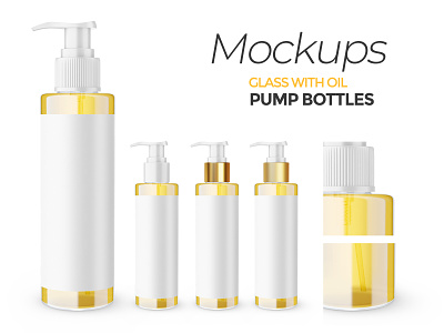 Clear Glass Pump Bottles - PSD Mockup 3d cosmetic editable gold mockup package photoshop psd mockup pump bottle skin care template
