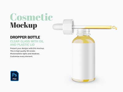 Glass Dropper Bottle With Plastic Lid - PSD Mockup 3d beauty bottle cosmetic customizable drop dropper editable label mockup oil package plastic product psd serum skin care template