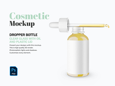 Glass Dropper Bottle With Plastic Lid - PSD Mockup 3d beauty bottle cosmetic customizable drop dropper editable label mockup oil package plastic product psd serum skin care template