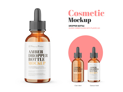 Amber Glass Dropper Bottle With Plastic Lid - PSD Mockup 3d amber bottle cosmetic dropper editable glass glossy mockup package photoshop pipette plastic product psd serum skin care smart object template visualization