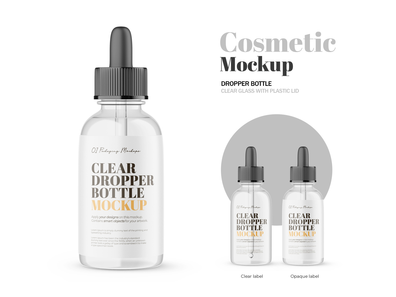 Clear Glass Dropper Bottle With Plastic Lid - PSD Mockup by Tsvetelina