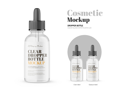 Clear Glass Dropper Bottle With Plastic Lid - PSD Mockup 3d blender 3d bottle clear cosmetic dropper editable glass glossy mockup package photoshop product psd render serum skin care template visualization