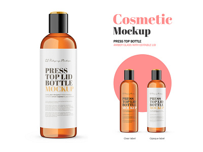 Amber Press Top Bottle With Editable Lid - PSD Mockup 3d amber bottle cosmetic editable front view glass glossy label mockup package packaging plastic press top product psd render template transparent visualization