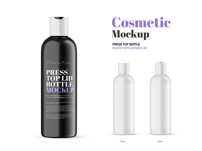 Plastic Press Top Bottle With Editable Lid - PSD Mockup 3d beauty bottle cosmetic editable front view glossy micellar water mockup package plastic press top product psd render skin care smart object template visualization