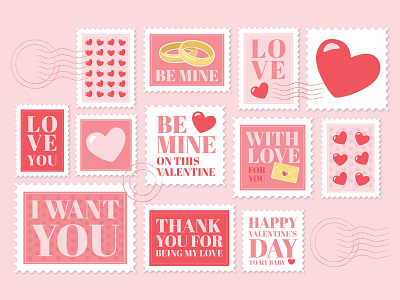 Valentine's Day Post Stamps Illustration celebration cute digital art digital illustration editable heart holiday illustration illustrator love occasion pink post stamps romantic special typographic valentine valentines day vector
