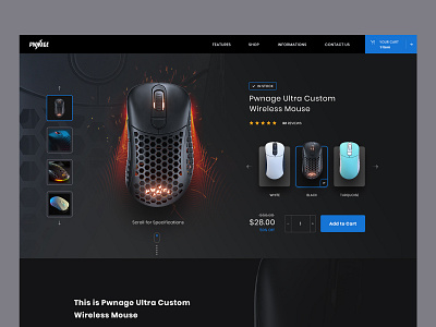 Custom Wireless Mouse Product Page black blue conversion dark form gamer gradient high end landing minimal mouse product page sales web design webdesign