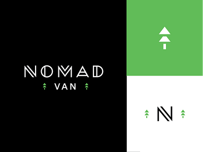 Nomad Van black brand branding camping flat green hiking logo mark minimal nature nomad nomadic travel tree trip van vector white