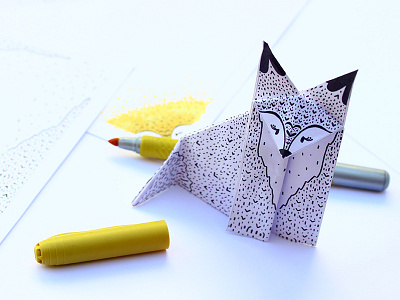 Ilustrated Origami Series animals black fox illustration origami paint paper print series white