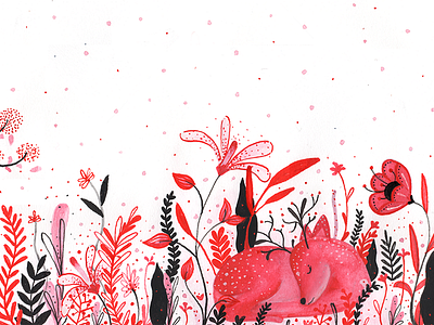 Sleeping deer character deer flowers handmade illustration ink nature red sleep watercolor wood