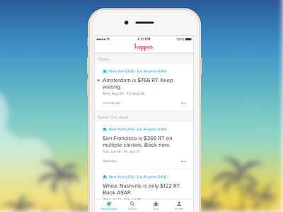 The Hopper Notification Feed airfare app flight mobile price travel
