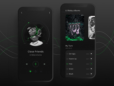 Music Player app ui artist black cards clean colour dark mode design digital green interface list minimal mobile app music app playlist song songs ui ux