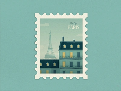 Vue des toits de Paris blue building design eiffel tower illustration paris parisian retro stamp vector