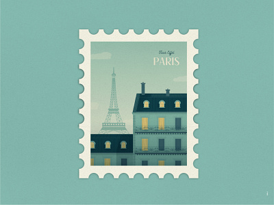 Vue des toits de Paris blue building design eiffel tower illustration paris parisian retro stamp vector