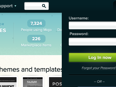 MOJO Themes redesign blue button glow green navy thumbnails