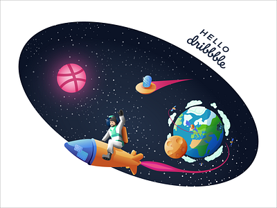 Hello dribbble adobe illustrator alien first shot hello dribble illustration rocket space spaceman vector