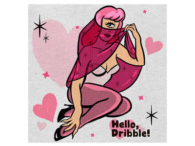 Hello, Dribble! debut girl girl illustration heart illustration pink retro illustration vintage illustration vintage inspired