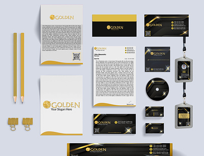 stationary pack branded content brochure design business card cd design contact creative design eye touch gold golden icon id card illustration logo paper art pen vector
