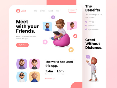 Landing Page - Video Call App "veeci" 3d app broadcast call communication connecting cute funny hangout illustration landingpage orange people room soft ui ux video call webdesign