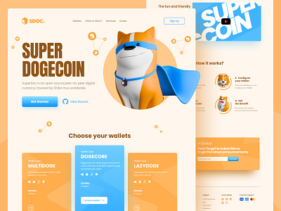 Super Dogecoin - Web Design 3d bitcoin bitcoin wallet blockchain blue btc cute design dog dogecoin funny landingpage orange superhero superman ui uiux ux webdesign website